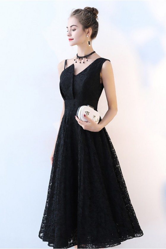 Aline Full Lace Tea Length Black Formal Dress Sleeveless - $78.9768 # ...