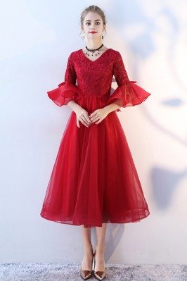 Burgundy Red Formal Party Dress Tea Length with Bell Sleeves - BLS86104