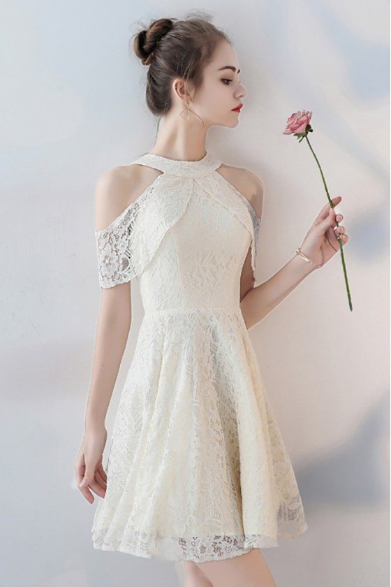 Short Lace Homecoming Dress Light Champagne with Cold Shoulder - $75.9 ...