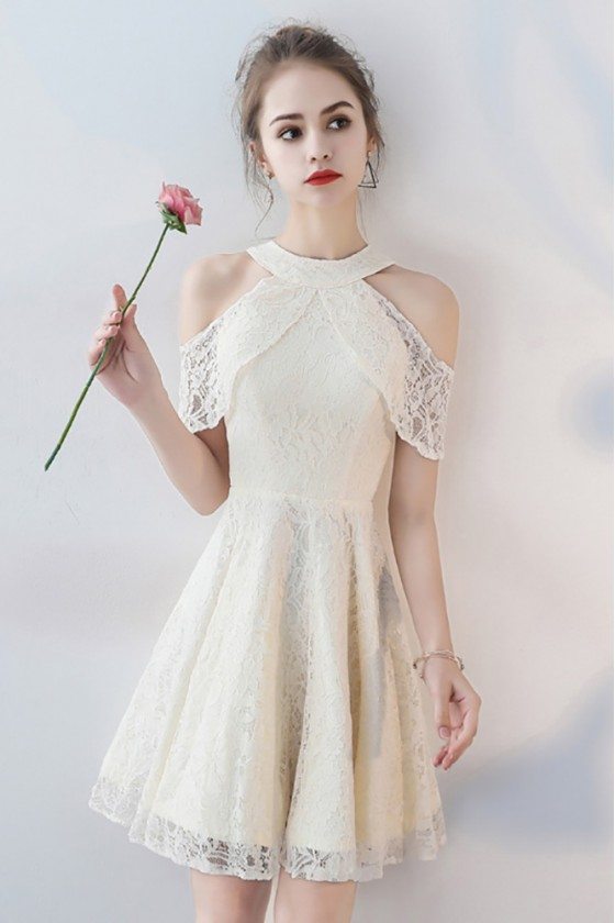 Short Lace Homecoming Dress Light Champagne with Cold Shoulder - $75.9 ...