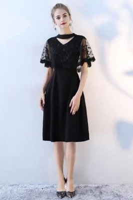 Classy Lace Cape Sleeve Short Black Formal Dress with Sleeves - BLS86049