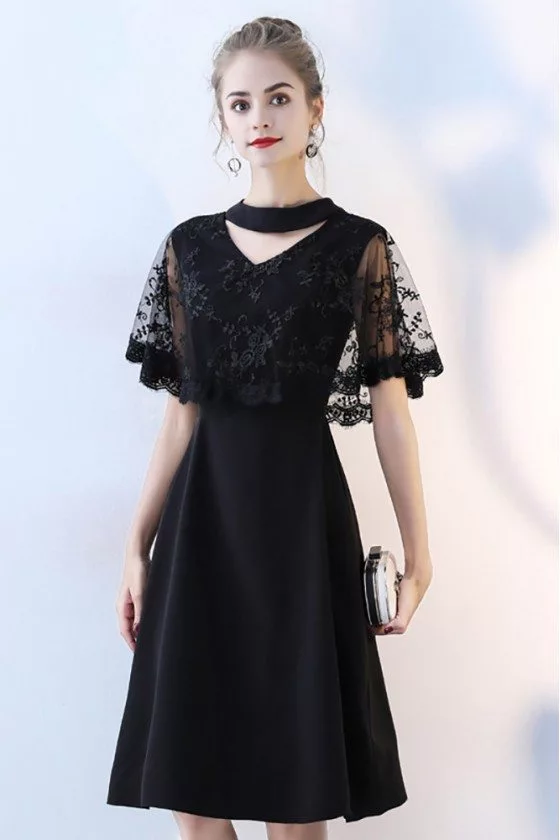 Classy Lace Cape Sleeve Short Black Formal Dress with Sleeves - $75 # ...