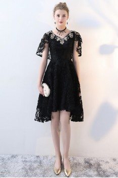 Black Lace High Low Homecoming Dress Embroidered Vneck - BLS86035