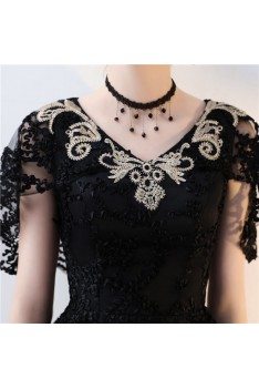 Black Lace High Low Homecoming Dress Embroidered Vneck - BLS86035