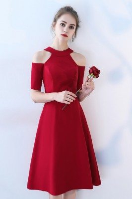Tea Length Burgundy Party Dress Halter with Sleeves - BLS86066