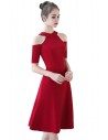Tea Length Burgundy Party Dress Halter with Sleeves - BLS86066