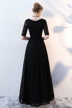 Lace Long Black Formal Dress Vneck with Half Sleeves - BLS86036