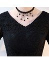 Lace Long Black Formal Dress Vneck with Half Sleeves - BLS86036