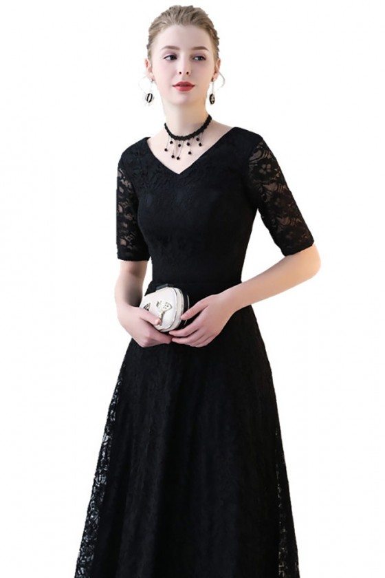 Lace Long Black Formal Dress Vneck with Half Sleeves - $79 #BLS86036 ...