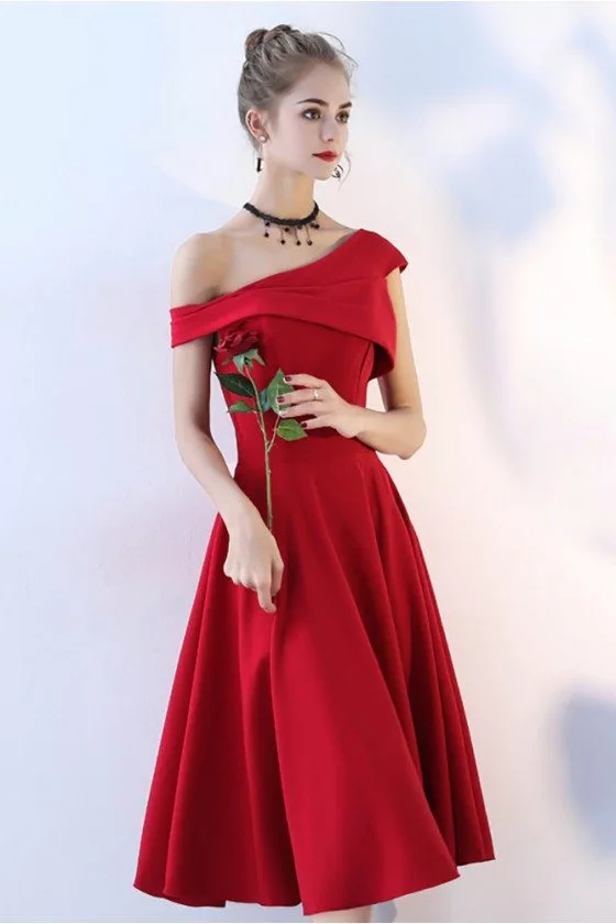 Simple Burgundy Red Aline Party Dress Tea Length One Shoulder - $75.9 # ...