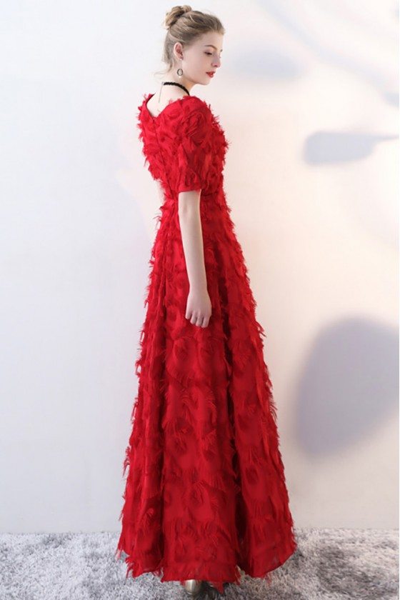 Burgundy Feathers Long Formal Party Dress with Sleeves 89 BLS86117