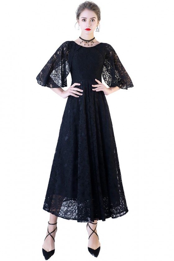 Black Lace Maxi Formal Dress with Cape Sleeves - BLS86020