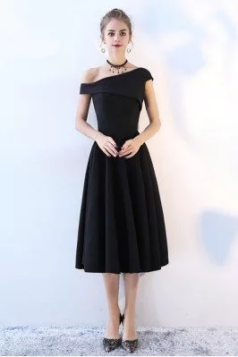 Black One Shoulder Midi Homecoming Dress Tea Length - BLS86051