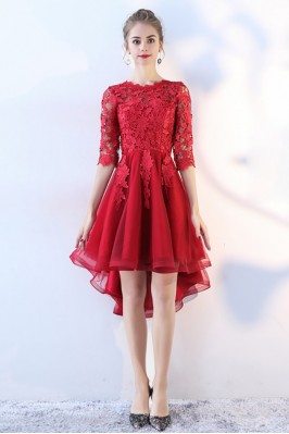 High Low Red Lace Prom Homecoming Dress with Lace Sleeves - BLS86090