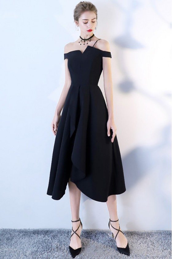 Tea Length Black Formal Party Dress Off Shoulder - BLS86030