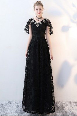 Black Lace Empire Long Formal Dress Vneck with Sleeves - BLS86038