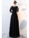 Black Lace Empire Long Formal Dress Vneck with Sleeves - BLS86038