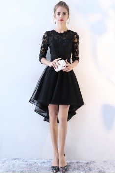 Lace Half Sleeve High Low Black Prom Dress - BLS86046