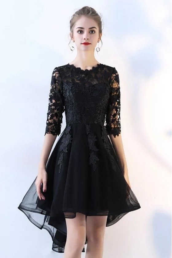 Lace Half Sleeve High Low Black Prom 