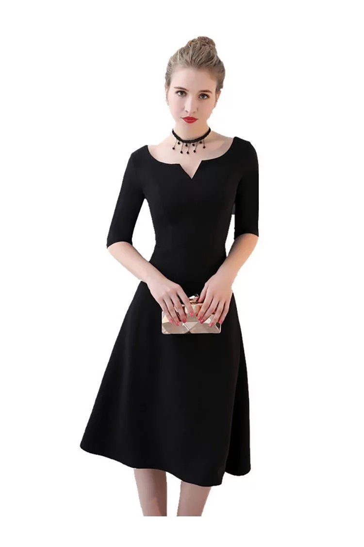 Simple Black Aline Knee Length Party Dress with Sleeves