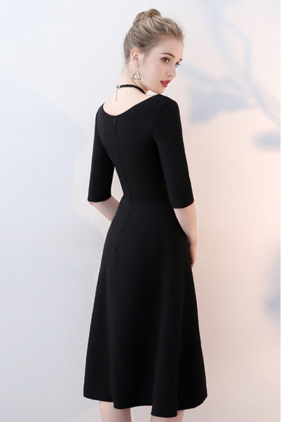 Simple Black Aline Knee Length Party Dress with Sleeves - $75.9 # ...