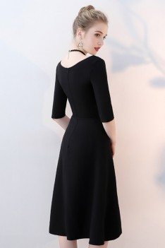 Simple Black Aline Knee Length Party Dress with Sleeves - BLS86058