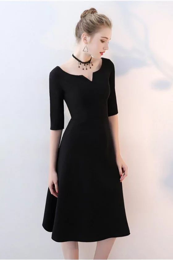 Black Knee Length Dress - Plunging Neckline / Crisscross Bodice / Long  Sleeves