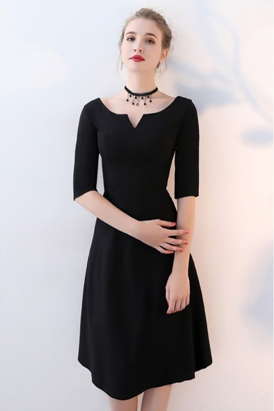 Simple Black Aline Knee Length Party Dress with Sleeves - $75.9 # ...