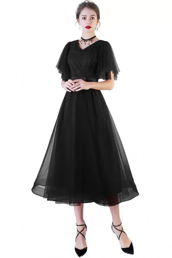 Black Tea Length Party Dress Tulle with Puffy Sleeves - BLS86001