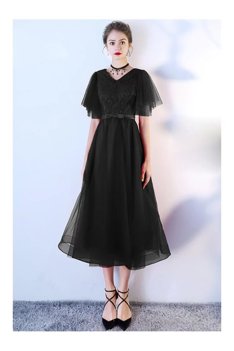 Black Tea Length Party Dress Tulle with Puffy Sleeves - $75.9816 # ...