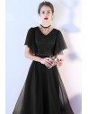 Black Tea Length Party Dress Tulle with Puffy Sleeves - BLS86001