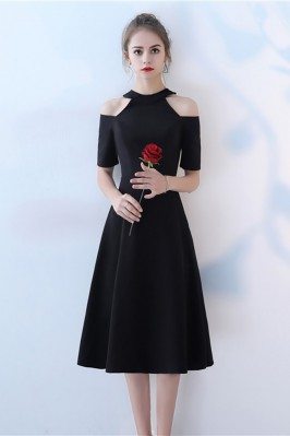 Tea Length Black Party Dress Halter with Sleeves - BLS86065