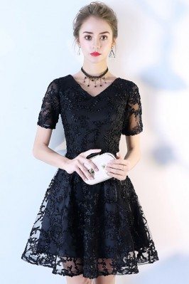 Black Aline Lace V-neck Short Homecoming Dress with Sleeves - BLS86016