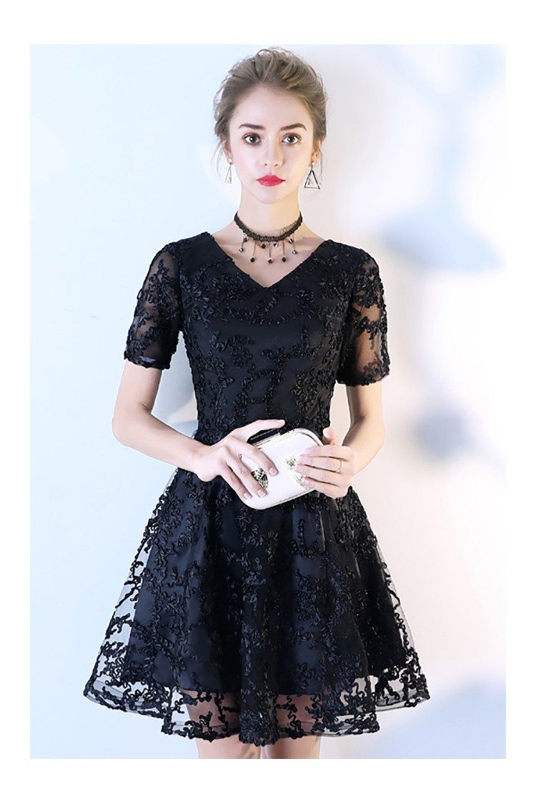 Classy Lace Cape Sleeve Short Black Formal Dress with Sleeves - $67.76 ...