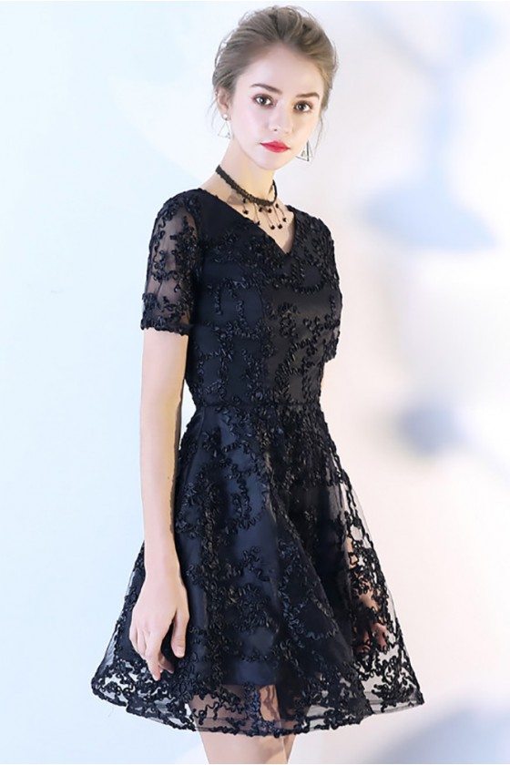 Black Aline Lace V-neck Short Homecoming Dress with Sleeves - $75.9 # ...