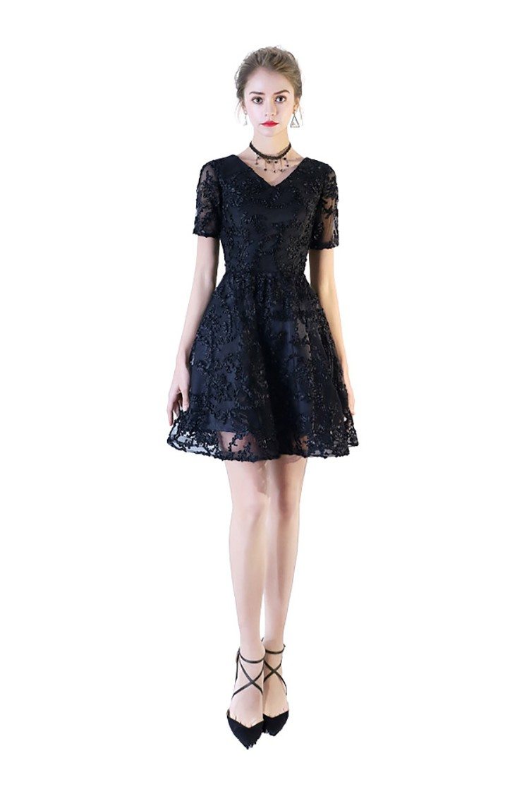 Black Aline Lace V-neck Short Homecoming Dress with Sleeves - $67.76 # ...