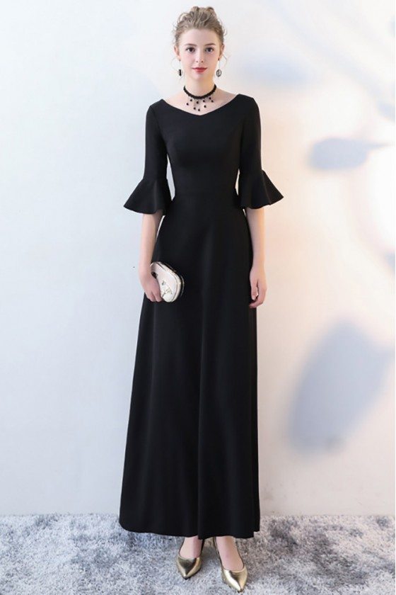 Elegant Maxi Long Black Formal Dress with Trumpet Sleeves - BLS86033