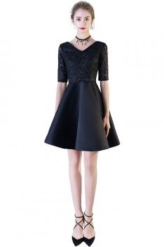 Black Lace Short Homecoming Dress with Half Sleeves - BLS86024