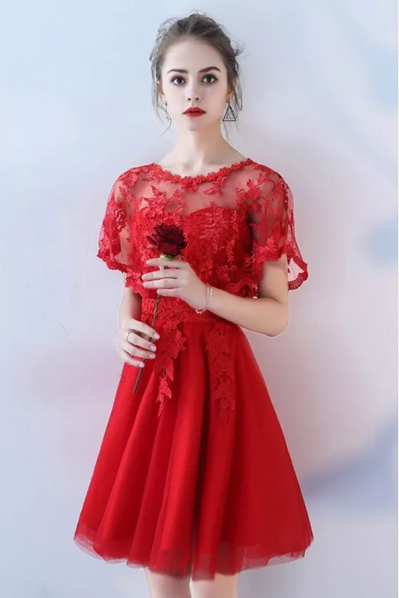 Red Cape Sleeve Short Party Dress with Lace - BLS86064