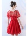 Red Cape Sleeve Short Party Dress with Lace - BLS86064