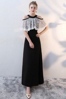 Long White and Black Party Dress with Cold Shoulder - BLS86037