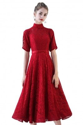 Retro High Neck Burgundy Lace Wedding Party Dress Tea Length - BLS86084