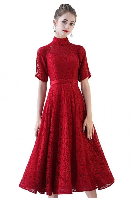 Retro High Neck Burgundy Lace Wedding Party Dress Tea Length - $78.1 # ...