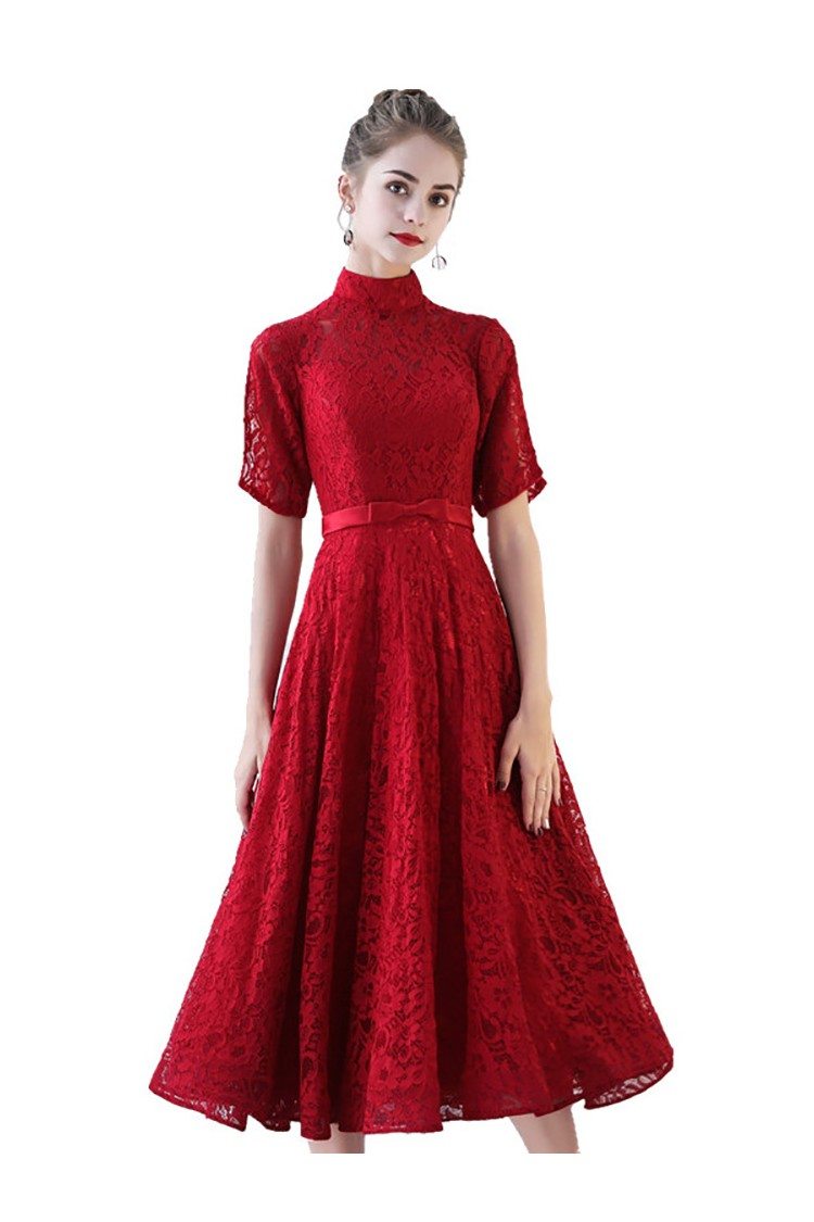 Retro High Neck Burgundy Lace Wedding Party Dress Tea Length - $78.1 # ...