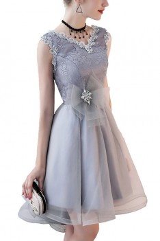 Grey Tulle Vneck Short Homecoming Prom Dress Sleeveless - BLS86061
