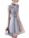 Grey Tulle Vneck Short Homecoming Prom Dress Sleeveless - BLS86061