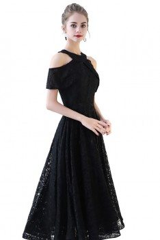 Black Aline Lace Tea Length Party Dress Cold Shoulder - BLS86034