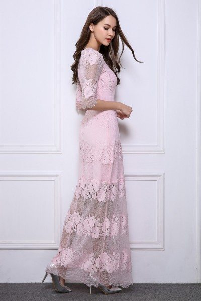 Lace Half Sleeve See-through Long Dress - $95.88 #CK523 - SheProm.com