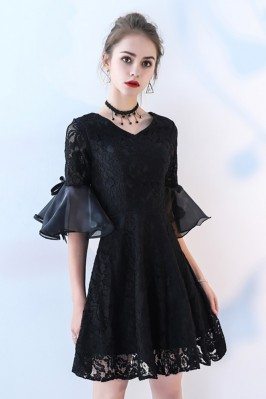 Short Black Lace Homecoming Dress Vneck with Bell Sleeve - BLS86068
