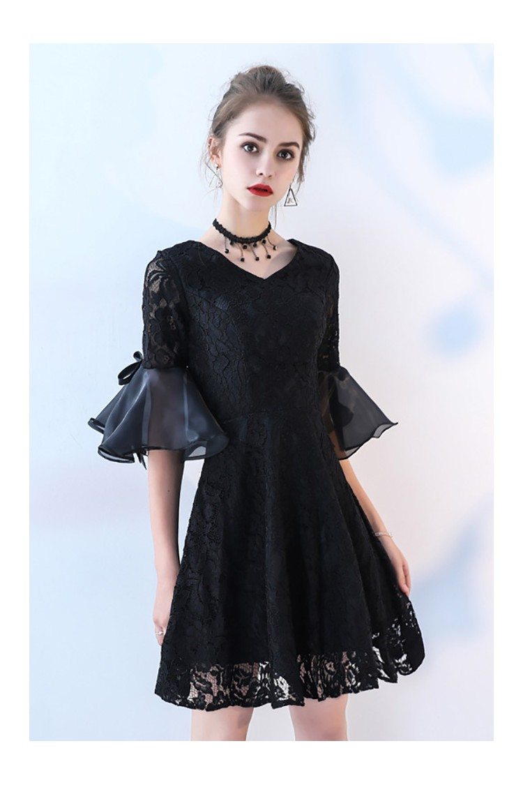 Short Black Lace Homecoming Dress Vneck with Bell Sleeve - $75.9 # ...